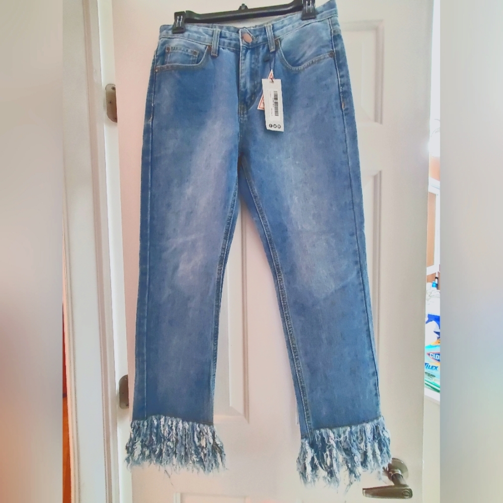 Boohoo Blue fringe hem mid rise boyfriend jeans size 4 boho hippie grunge